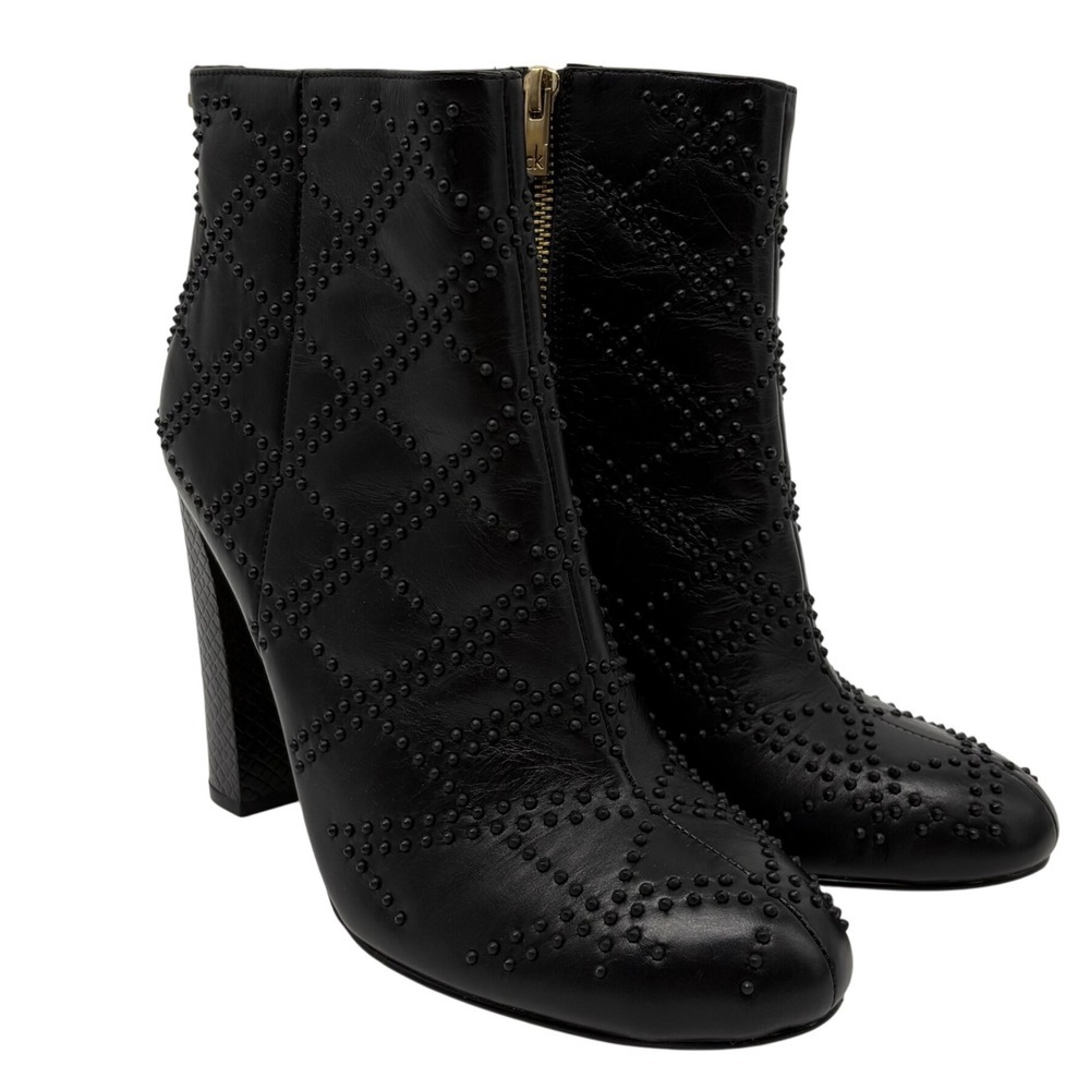 Calvin Klein Jasmine Black Studded Leather Ankle Boots Block Heel Zip Up 10